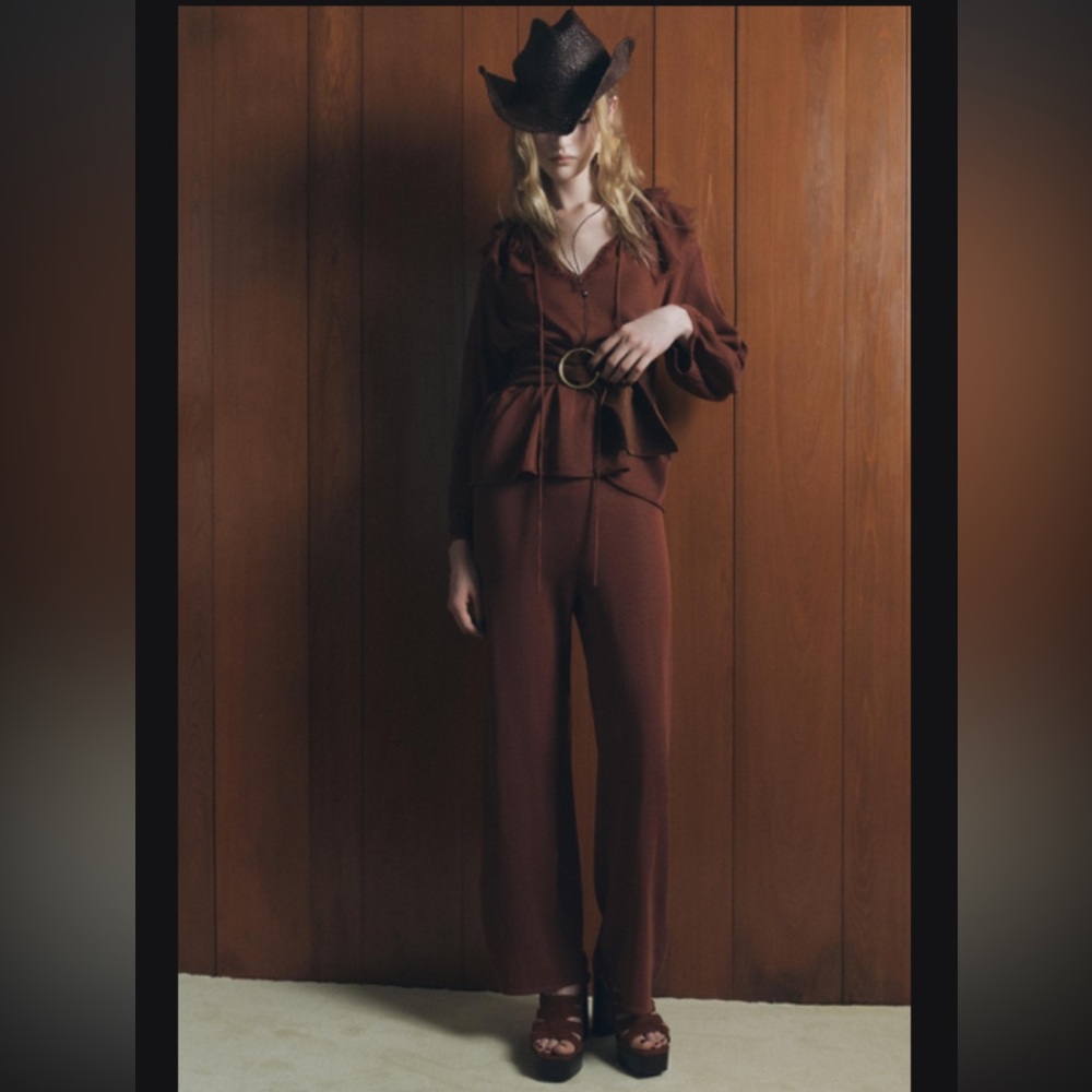 2-pc Zara knit blouse with ruffles and straight leg knit pants co-ord set